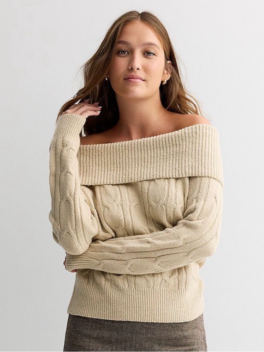 Madden Girl Beige Off-Shoulder Cable Knit Sweater